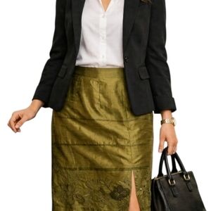 KELLY & DIANE chartreuse green beaded embroidered slit 100% silk skirt 10